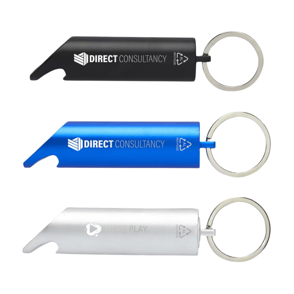 Flare RCS Recycled Aluminium LED Light and Bottle Opener with Keychain